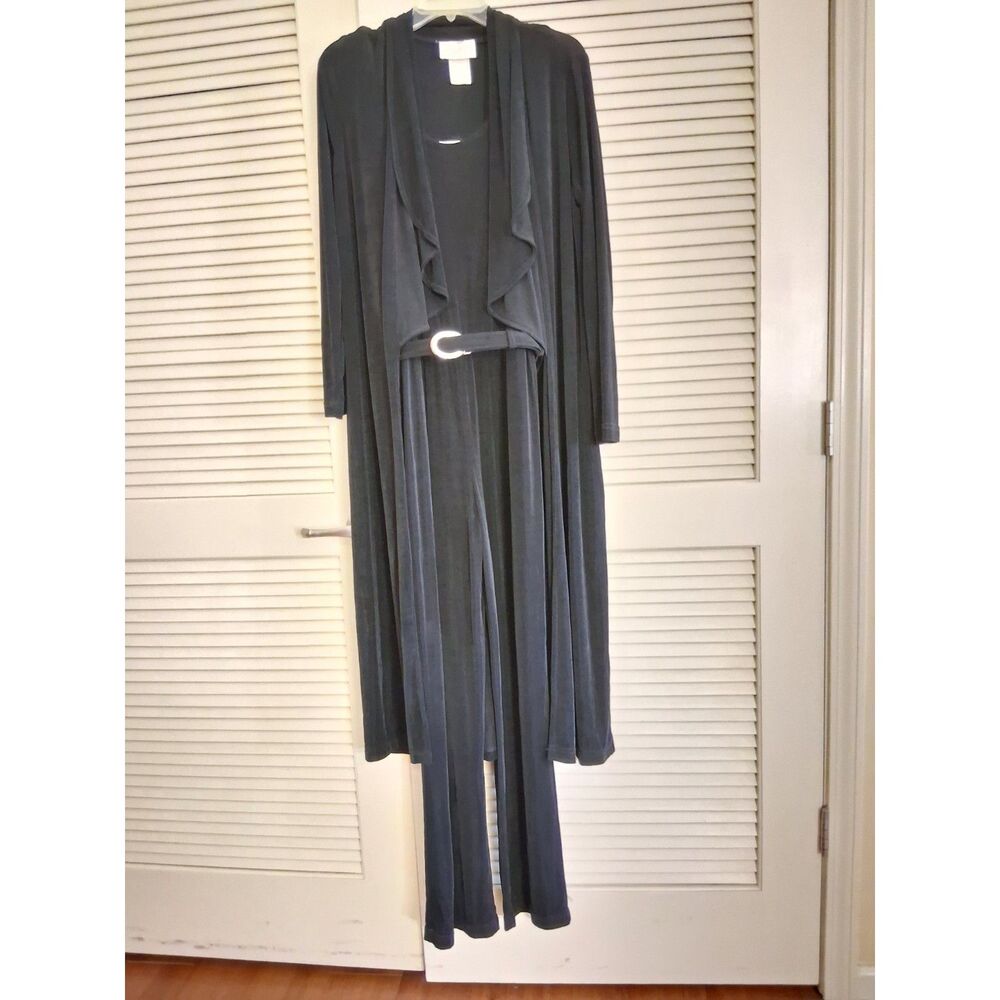 VTG 80s Cache M Jumpsuit Wide Leg Duster Cardigan Belt Black Liquid Knit Slinky - Picture 11 of 12